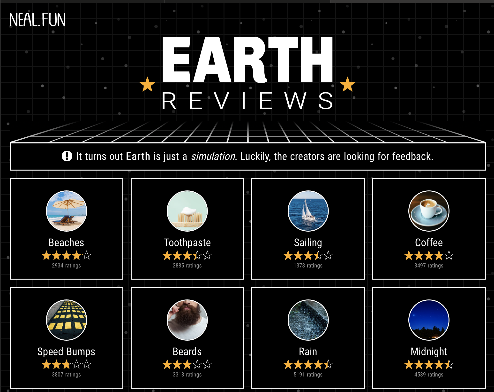 A screenshot from the neal.fun website with a variety of Earth Reviews as if we were living in a simulation.